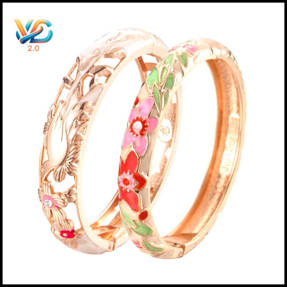 Vintage Cloisonne Enamel Bracelet Set Hinged Cuff Bangles Rhinestone Flower Bird